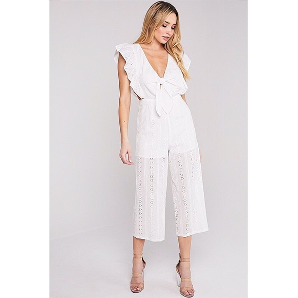 NEW! White Ruffle Sleeve Eyelet Lace Jumpsuit - Picture 6 of 9